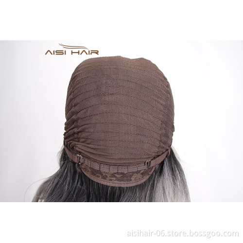 Aisi Hair Cheap Synthetic Ombre Gray Dark Root Wig Long Wavy Lace Frontal Wig Body Wave Party Lace Front Hair Wigs For Women